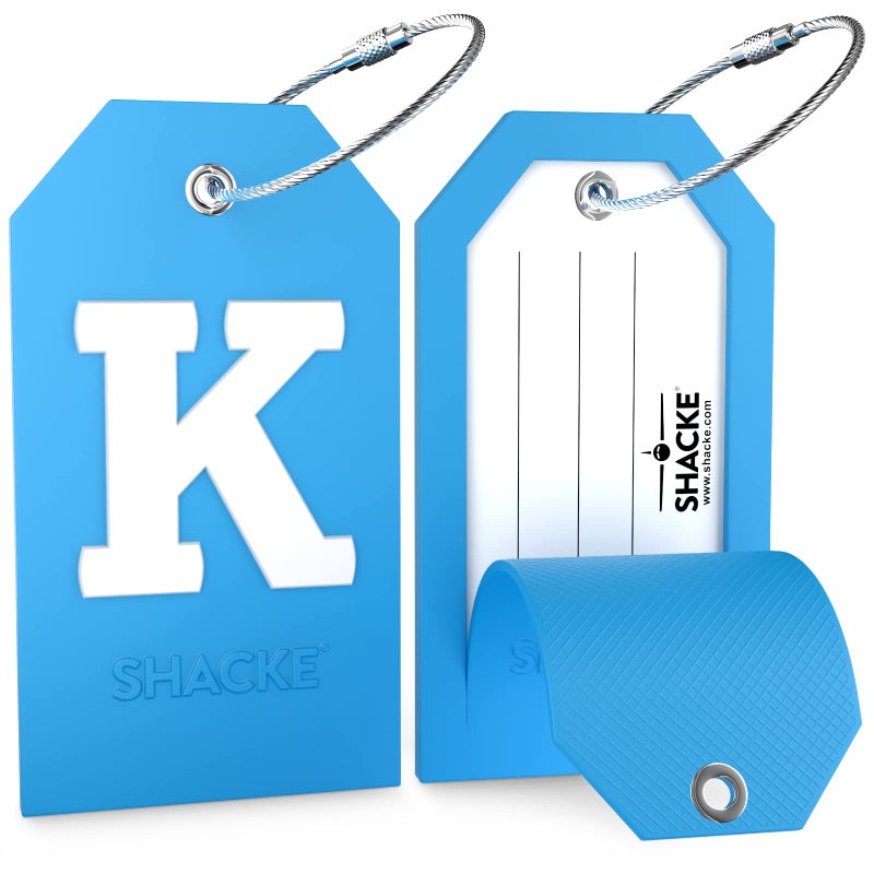Shacke Initial Luggage Tag with Full Privacy Cover and Stainless Steel Loop - Aqua Teal (Letter K) - Image 2